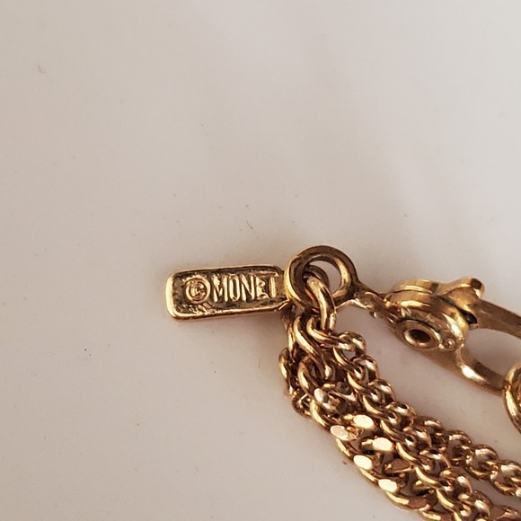 Monet Long Triple Strand Gold Tone Knot Station Chain Necklace Classic Signed - Picture 6 of 7